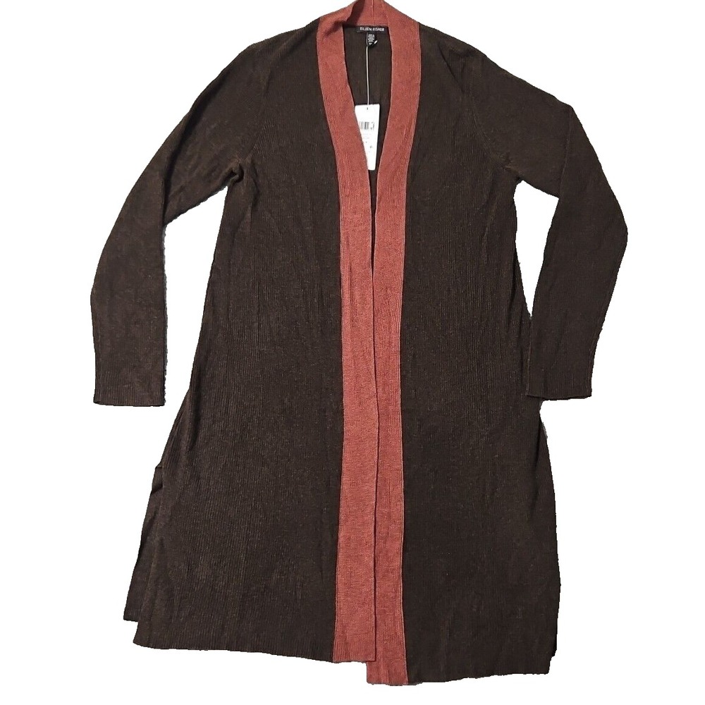 Eileen Fisher Brown‎ & Red Tencel Silk Clove Long Open Cardigan Size Small $248